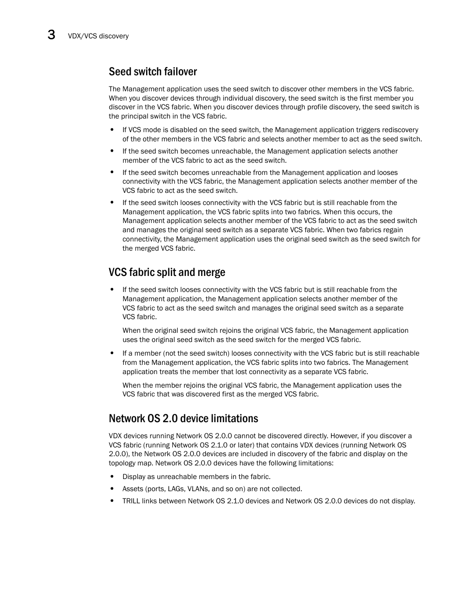 Seed switch failover, Vcs fabric split and merge, Network os 2.0 device limitations | Brocade Network Advisor SAN + IP User Manual v12.3.0 User Manual | Page 136 / 2702