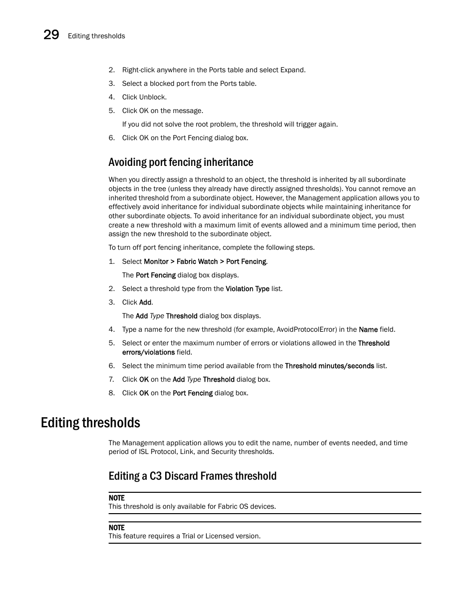Avoiding port fencing inheritance, Editing thresholds, Editing thresholds 2 | Editing a c3 discard frames threshold | Brocade Network Advisor SAN + IP User Manual v12.3.0 User Manual | Page 1364 / 2702