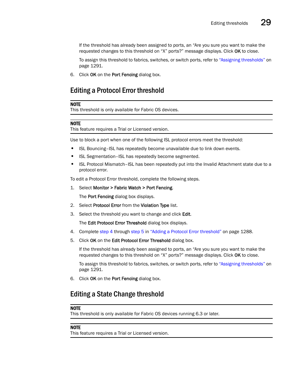 Editing a protocol error threshold, Editing a state change threshold | Brocade Network Advisor SAN + IP User Manual v12.3.0 User Manual | Page 1367 / 2702