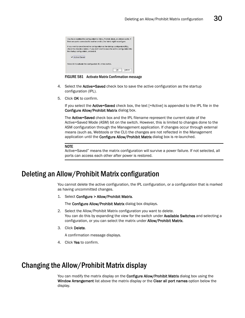 Deleting an allow/prohibit matrix configuration, Changing the allow/prohibit matrix display, Deleting an allow/prohibit matrix configuration 3 | Changing the allow/prohibit matrix display 3, Figure 581 | Brocade Network Advisor SAN + IP User Manual v12.3.0 User Manual | Page 1385 / 2702