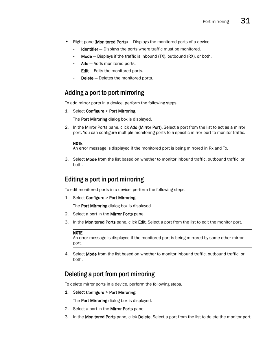 Adding a port to port mirroring, Editing a port in port mirroring, Deleting a port from port mirroring | Brocade Network Advisor SAN + IP User Manual v12.3.0 User Manual | Page 1415 / 2702