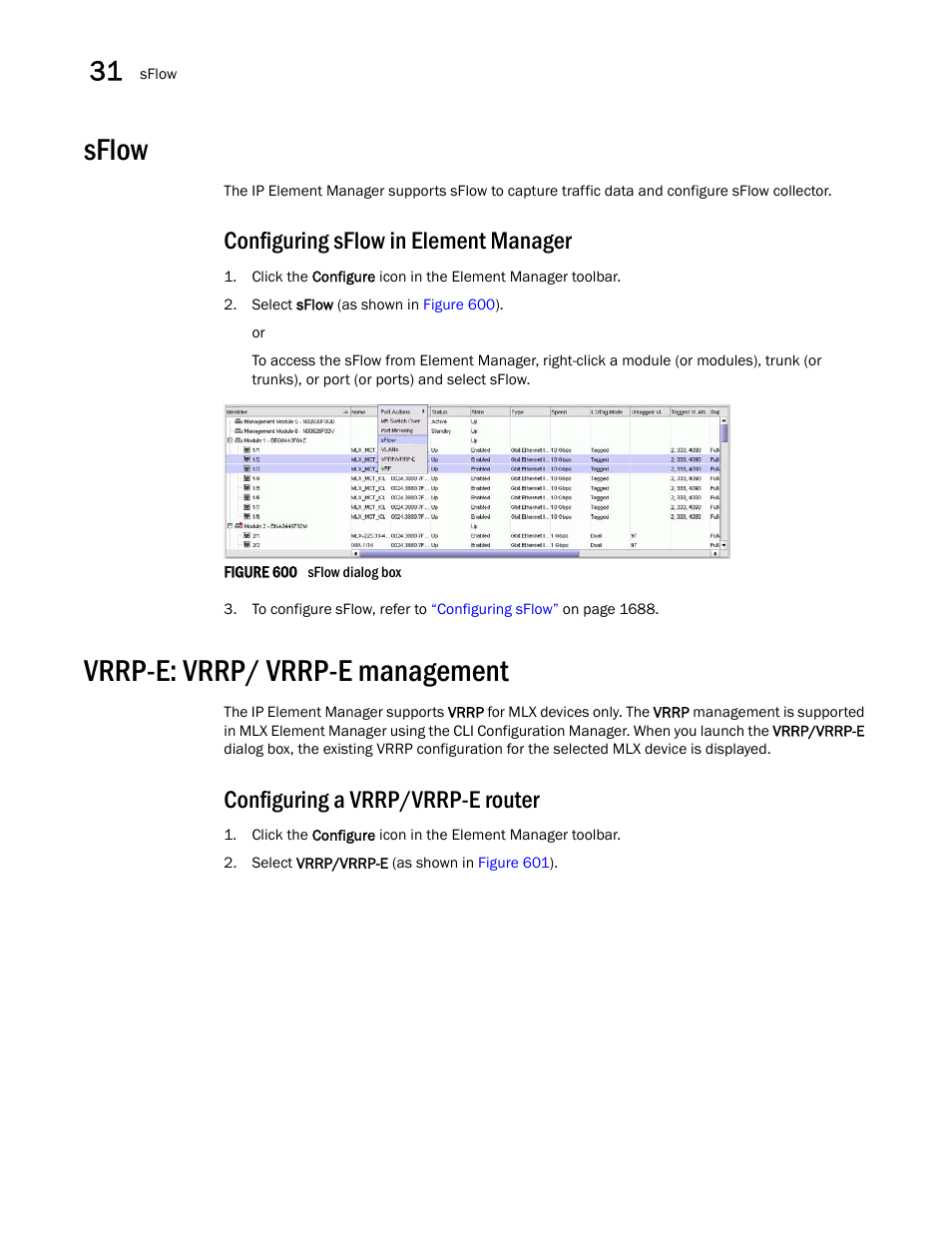 Sflow, Vrrp-e: vrrp/ vrrp-e management, Configuring sflow in element manager | Configuring a vrrp/vrrp-e router | Brocade Network Advisor SAN + IP User Manual v12.3.0 User Manual | Page 1416 / 2702