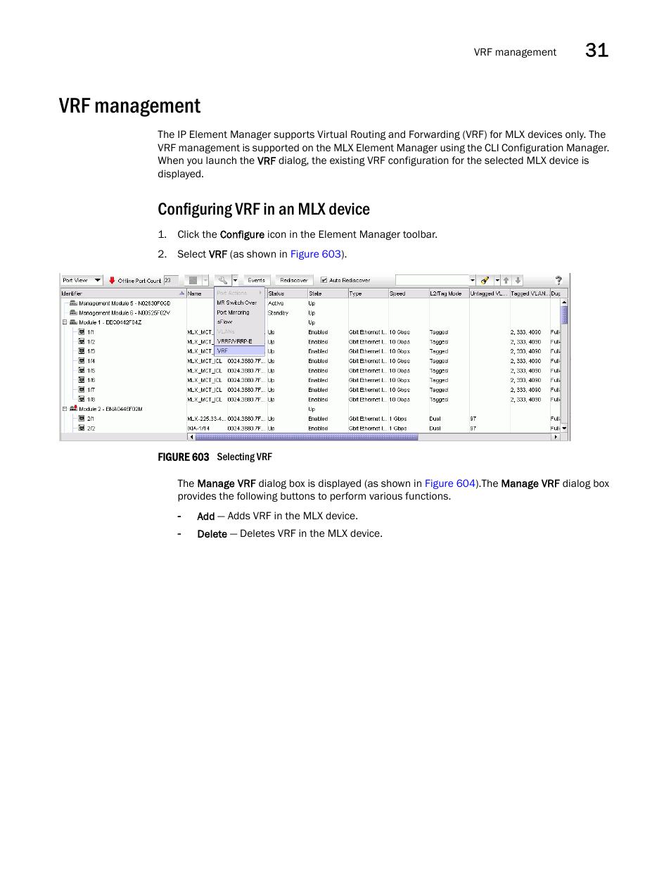 Vrf management, Configuring vrf in an mlx device | Brocade Network Advisor SAN + IP User Manual v12.3.0 User Manual | Page 1419 / 2702