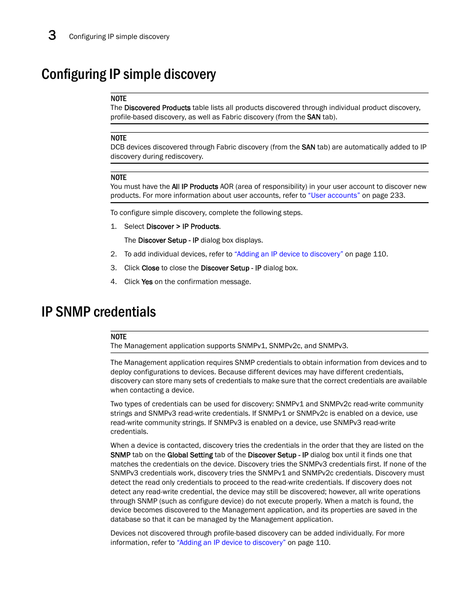 Configuring ip simple discovery, Ip snmp credentials | Brocade Network Advisor SAN + IP User Manual v12.3.0 User Manual | Page 142 / 2702