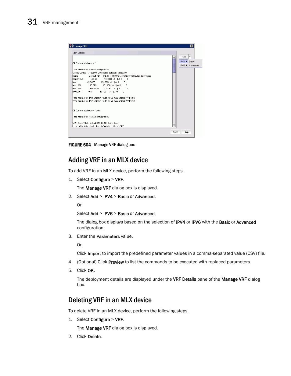 Adding vrf in an mlx device, Deleting vrf in an mlx device | Brocade Network Advisor SAN + IP User Manual v12.3.0 User Manual | Page 1420 / 2702
