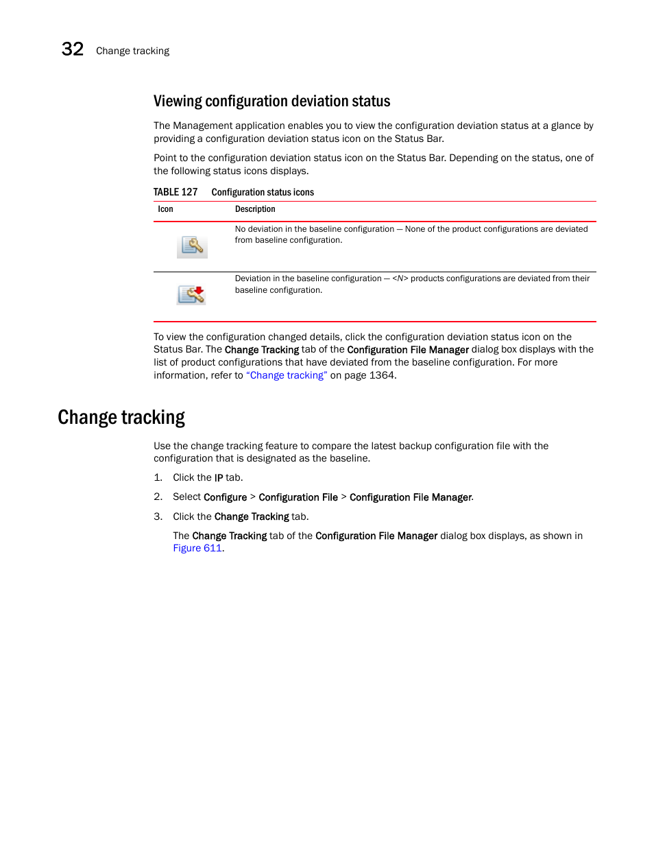 Change tracking, Change tracking 4, Viewing | Configuration deviation status, Viewing configuration deviation status | Brocade Network Advisor SAN + IP User Manual v12.3.0 User Manual | Page 1436 / 2702