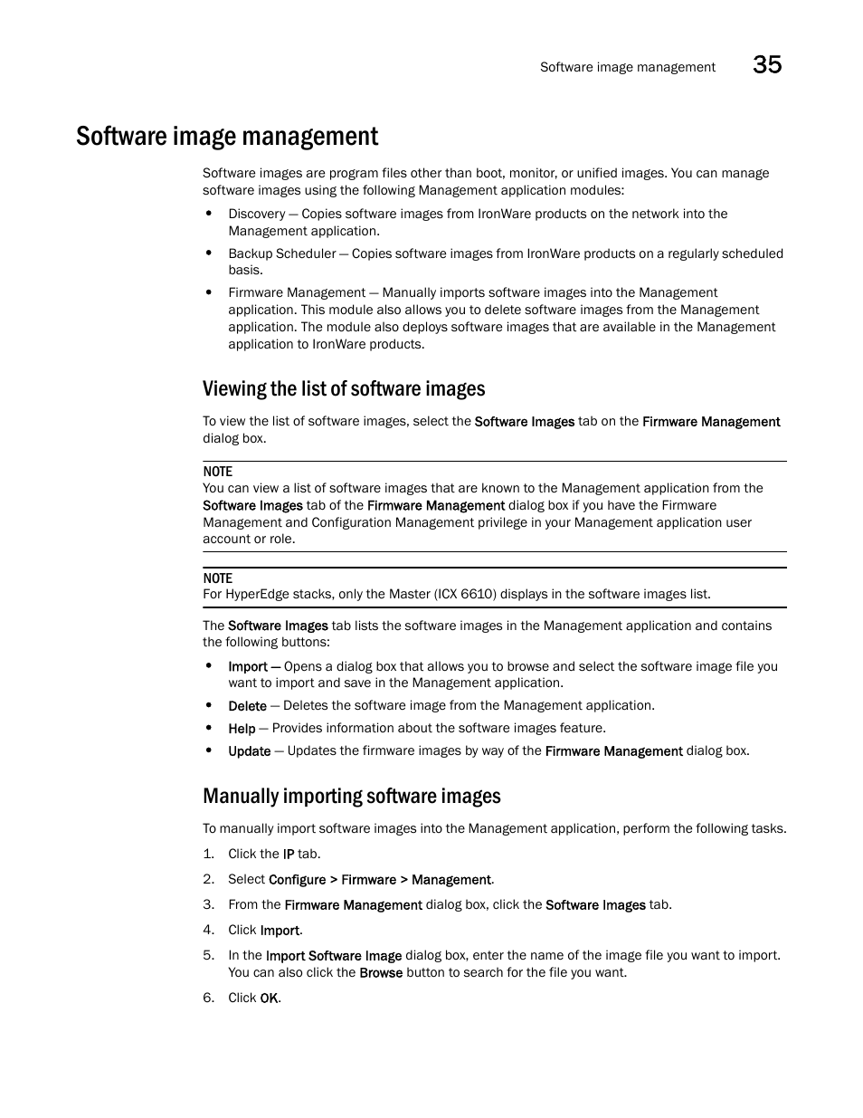 Software image management, Viewing the list of software images, Manually importing software images | Software image management 9 | Brocade Network Advisor SAN + IP User Manual v12.3.0 User Manual | Page 1501 / 2702