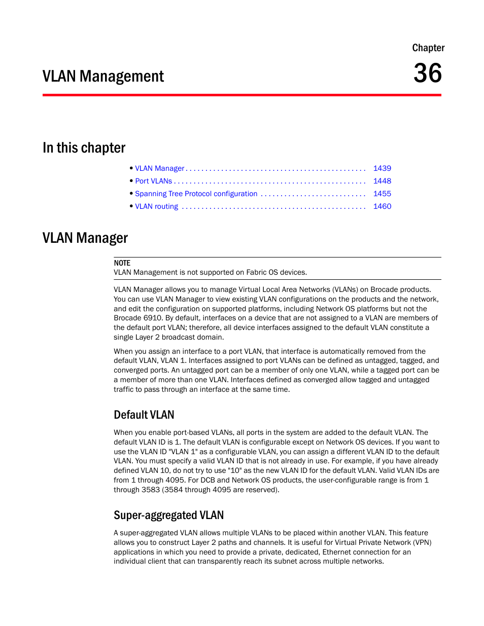 Vlan management, Vlan manager, Chapter 36 | Chapter 36, “vlan management, Default vlan, Super-aggregated vlan | Brocade Network Advisor SAN + IP User Manual v12.3.0 User Manual | Page 1511 / 2702