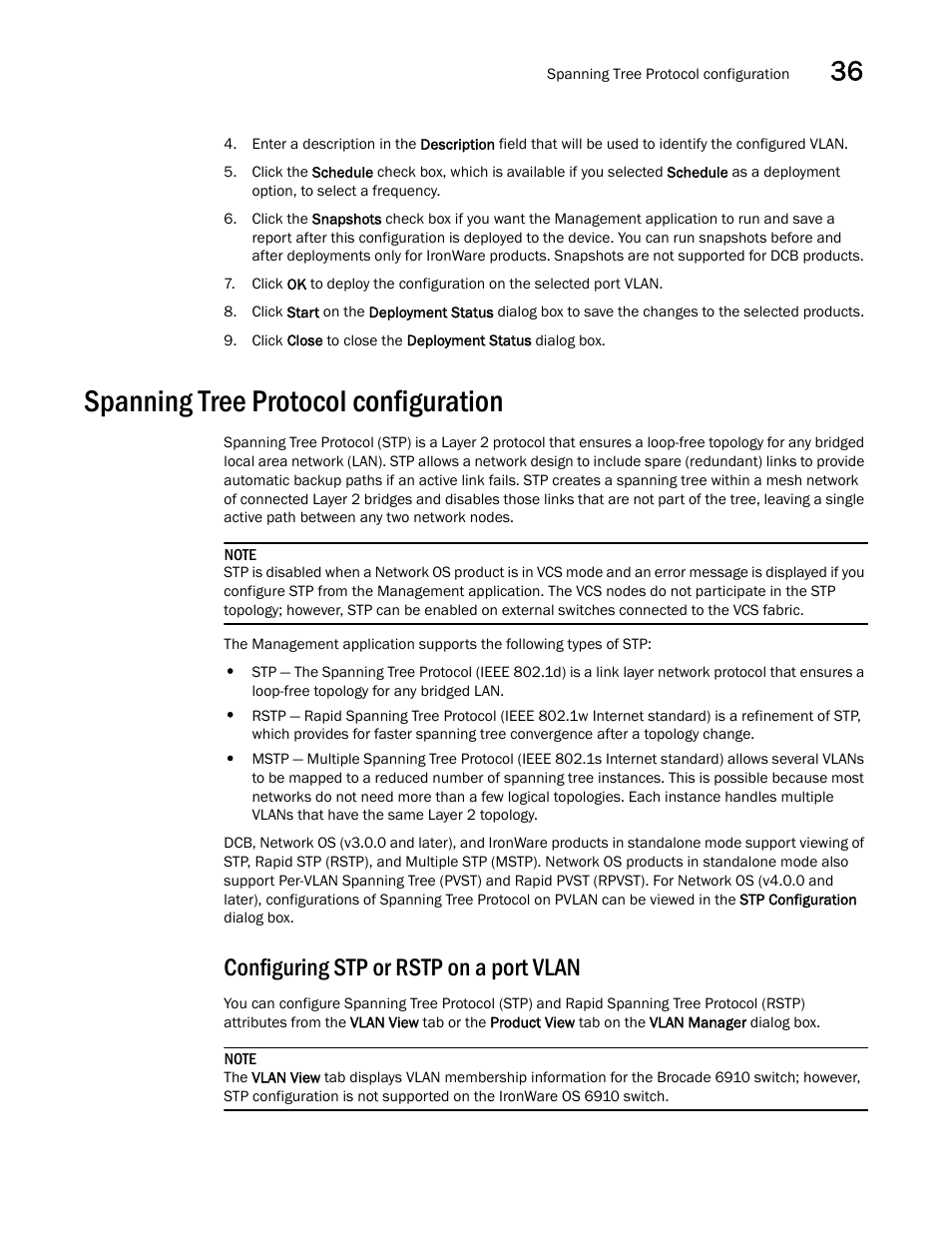 Spanning tree protocol configuration, Configuring stp or rstp on a port vlan, Spanning tree protocol configuration 5 | Brocade Network Advisor SAN + IP User Manual v12.3.0 User Manual | Page 1527 / 2702