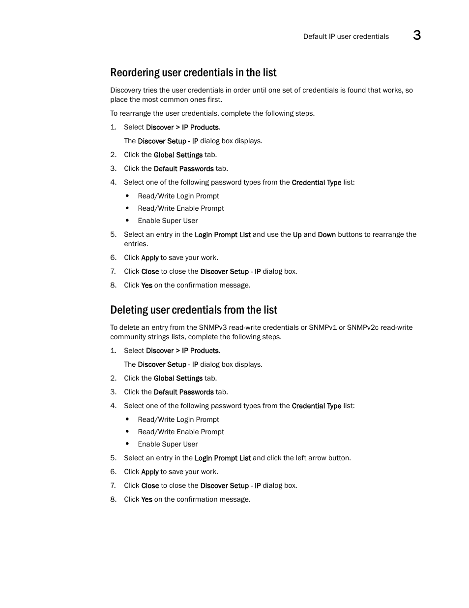 Reordering user credentials in the list, Deleting user credentials from the list | Brocade Network Advisor SAN + IP User Manual v12.3.0 User Manual | Page 153 / 2702