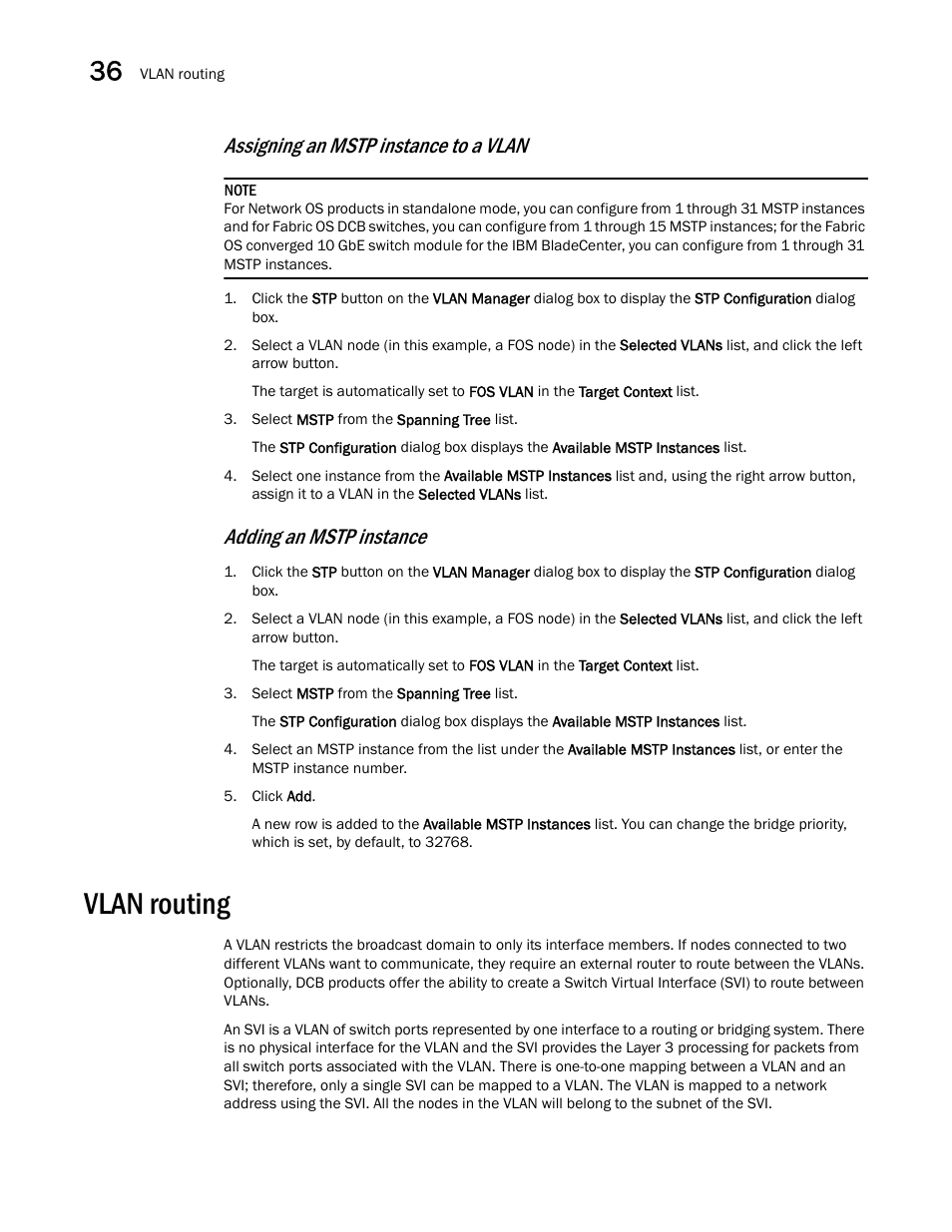 Vlan routing, Vlan routing 0, Assigning an mstp instance to a vlan | Adding an mstp instance | Brocade Network Advisor SAN + IP User Manual v12.3.0 User Manual | Page 1532 / 2702
