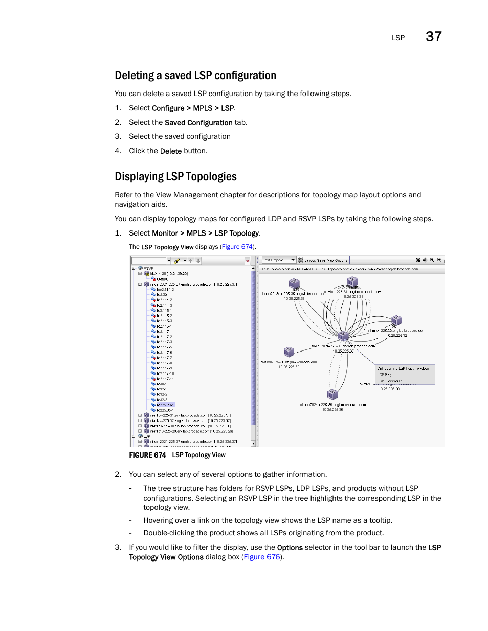 Deleting a saved lsp configuration, Displaying lsp topologies | Brocade Network Advisor SAN + IP User Manual v12.3.0 User Manual | Page 1557 / 2702