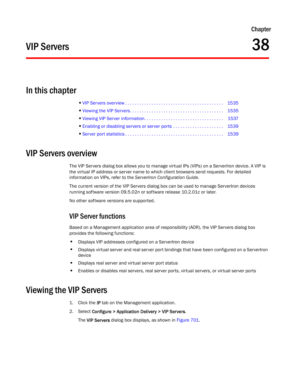 Vip servers, Vip servers overview, Viewing the vip servers | Chapter 38, Chapter 38, “vip servers, Vip server functions | Brocade Network Advisor SAN + IP User Manual v12.3.0 User Manual | Page 1607 / 2702