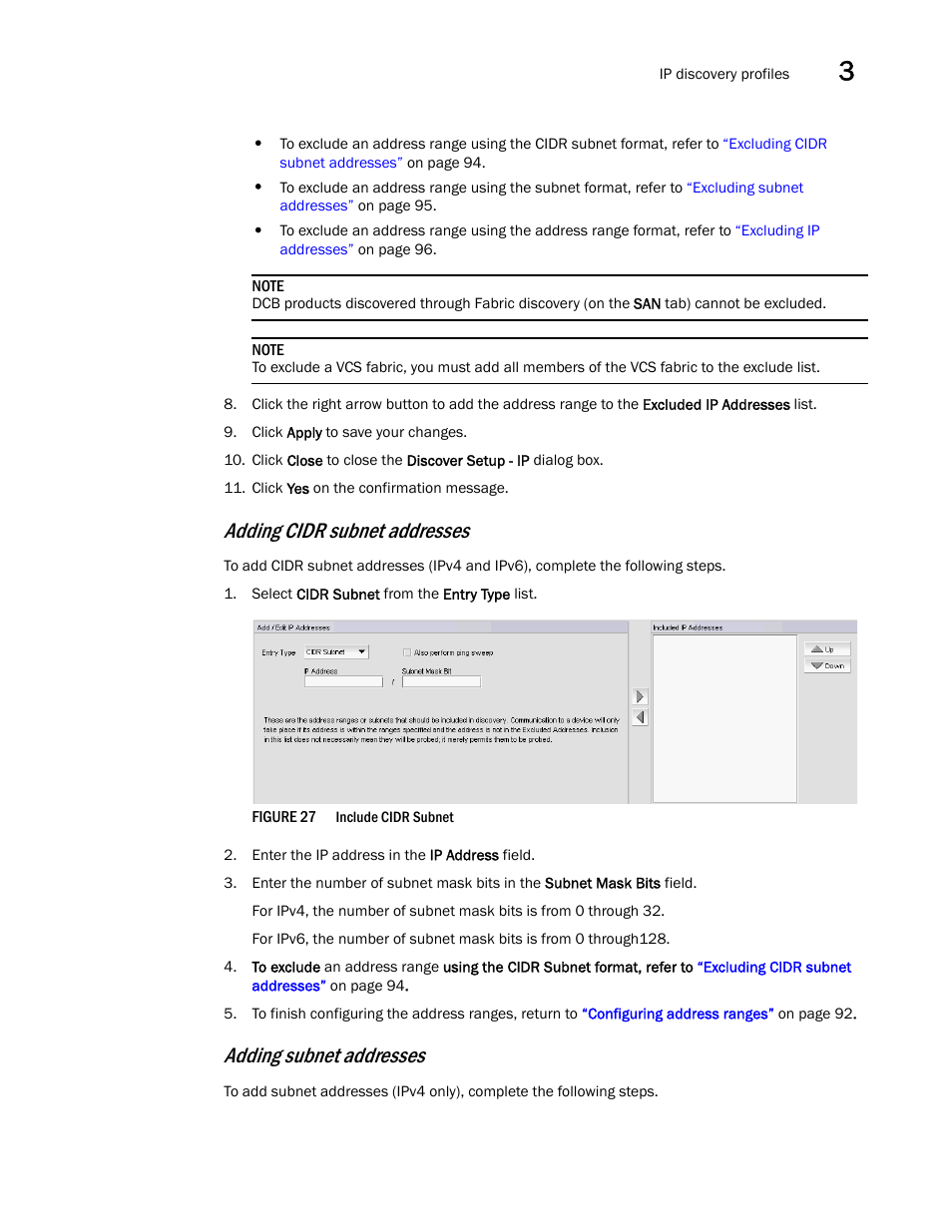 Adding cidr subnet, Addresses, Adding subnet addresses | Adding cidr subnet addresses | Brocade Network Advisor SAN + IP User Manual v12.3.0 User Manual | Page 163 / 2702