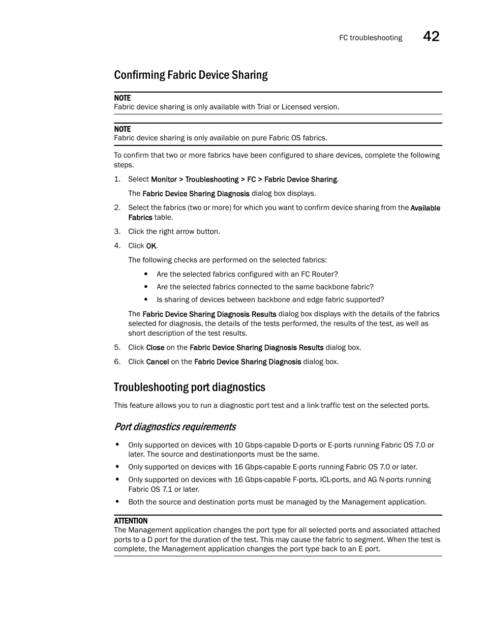 Confirming fabric device sharing, Troubleshooting port diagnostics, Port diagnostics requirements | Brocade Network Advisor SAN + IP User Manual v12.3.0 User Manual | Page 1663 / 2702