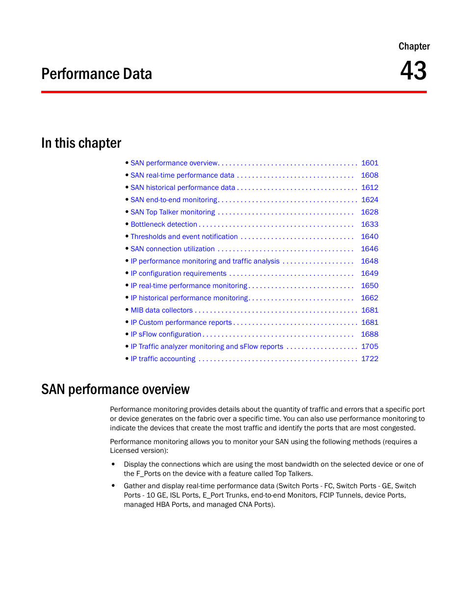 Performance data, San performance overview, Chapter 43 | Chapter 43, “performance data | Brocade Network Advisor SAN + IP User Manual v12.3.0 User Manual | Page 1673 / 2702