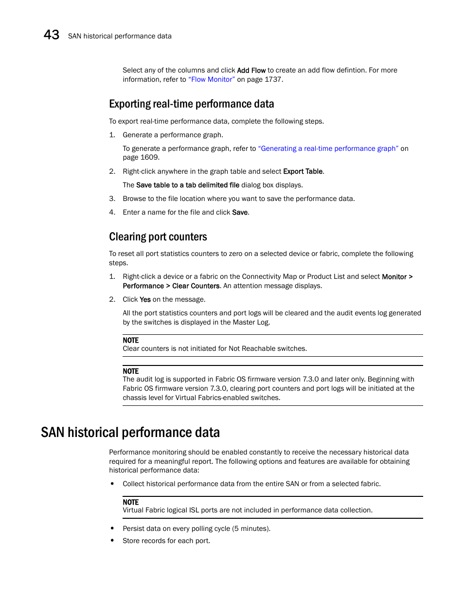 Clearing port counters, San historical performance data, San historical | Performance data, San historical performance data 2, Exporting real-time performance data | Brocade Network Advisor SAN + IP User Manual v12.3.0 User Manual | Page 1684 / 2702