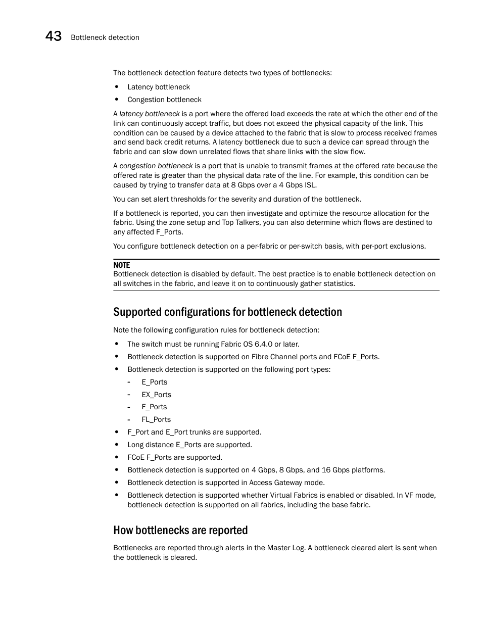 Supported configurations for bottleneck detection, How bottlenecks are reported | Brocade Network Advisor SAN + IP User Manual v12.3.0 User Manual | Page 1706 / 2702