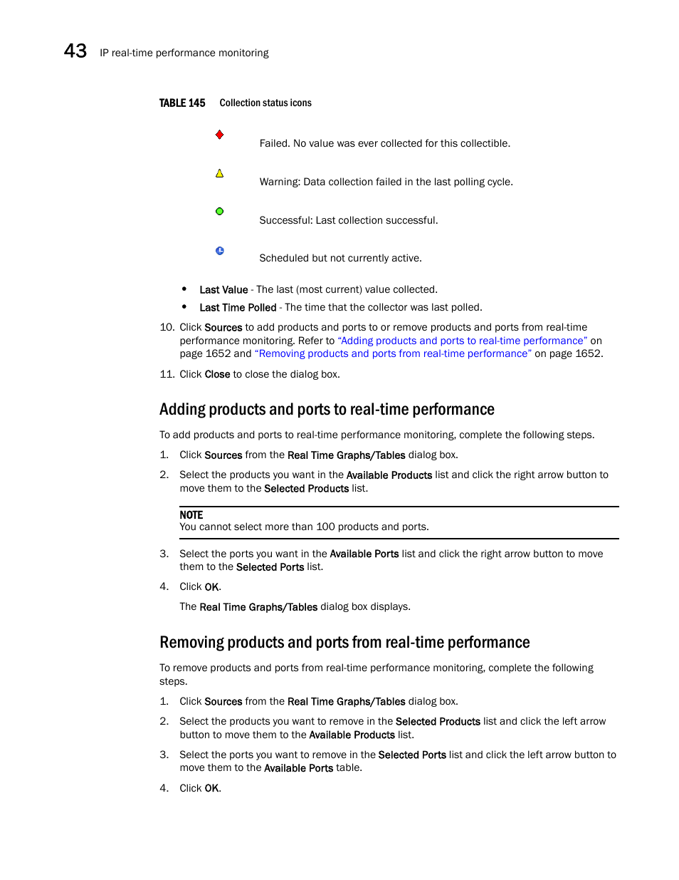 N in, Table 145, Adding products and ports to real-time performance | Brocade Network Advisor SAN + IP User Manual v12.3.0 User Manual | Page 1724 / 2702