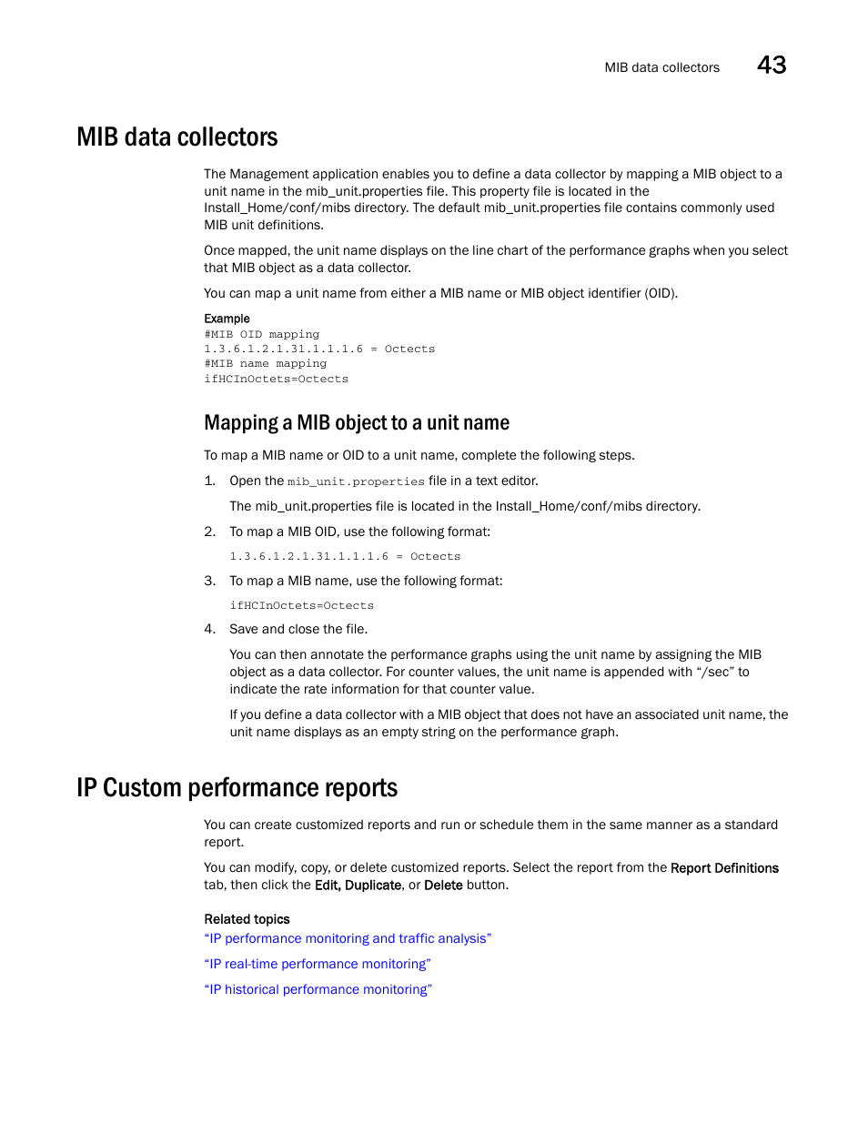 Mib data collectors, Ip custom performance reports, Mib data collectors 1 | Ip custom performance reports 1, Mapping a mib object to a unit name | Brocade Network Advisor SAN + IP User Manual v12.3.0 User Manual | Page 1753 / 2702