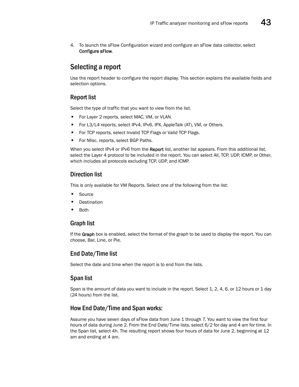 Selecting a report, Report list, Direction list | Graph list, End date/time list, Span list, How end date/time and span works | Brocade Network Advisor SAN + IP User Manual v12.3.0 User Manual | Page 1779 / 2702