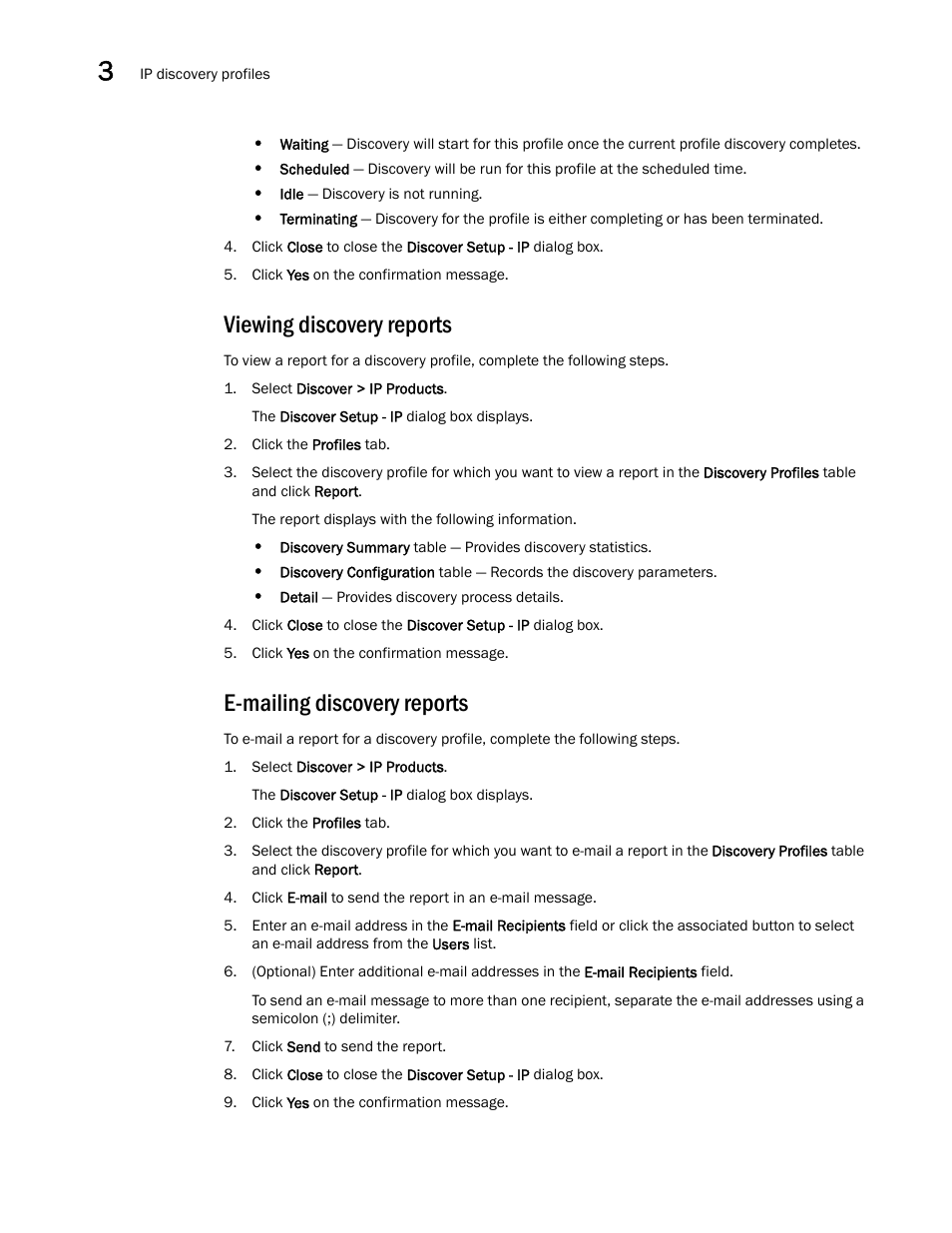 Viewing discovery reports, E-mailing discovery reports | Brocade Network Advisor SAN + IP User Manual v12.3.0 User Manual | Page 178 / 2702