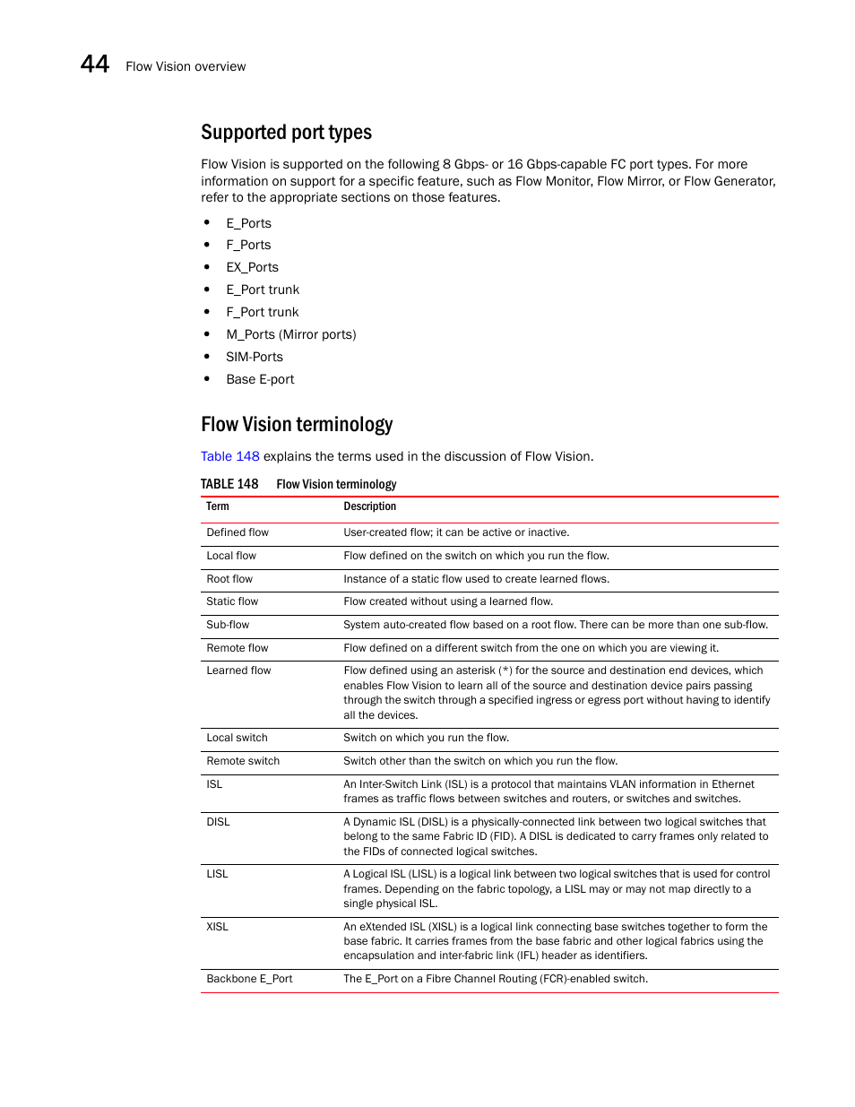 Supported port types, Flow vision terminology | Brocade Network Advisor SAN + IP User Manual v12.3.0 User Manual | Page 1798 / 2702