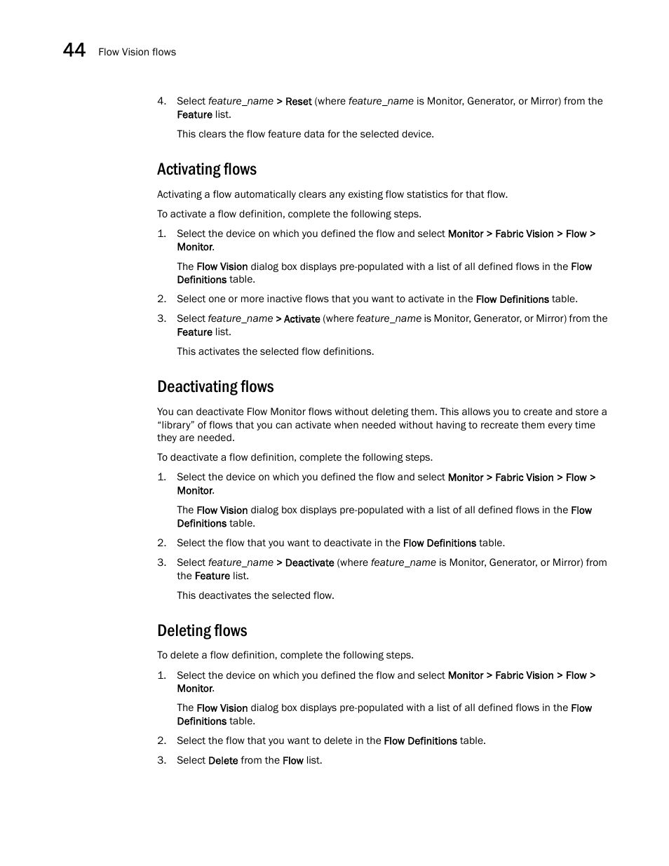 Activating flows, Deactivating flows, Deleting flows | Brocade Network Advisor SAN + IP User Manual v12.3.0 User Manual | Page 1808 / 2702