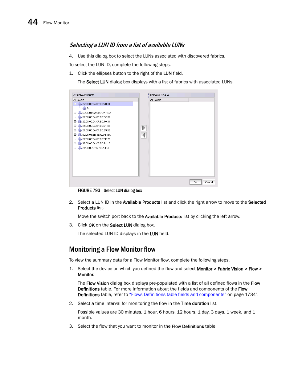 Monitoring a flow monitor flow, Monitoring a, Flow monitor flow | Selecting a lun, Id from a list of available luns, Selecting a lun id from a list of available luns | Brocade Network Advisor SAN + IP User Manual v12.3.0 User Manual | Page 1820 / 2702