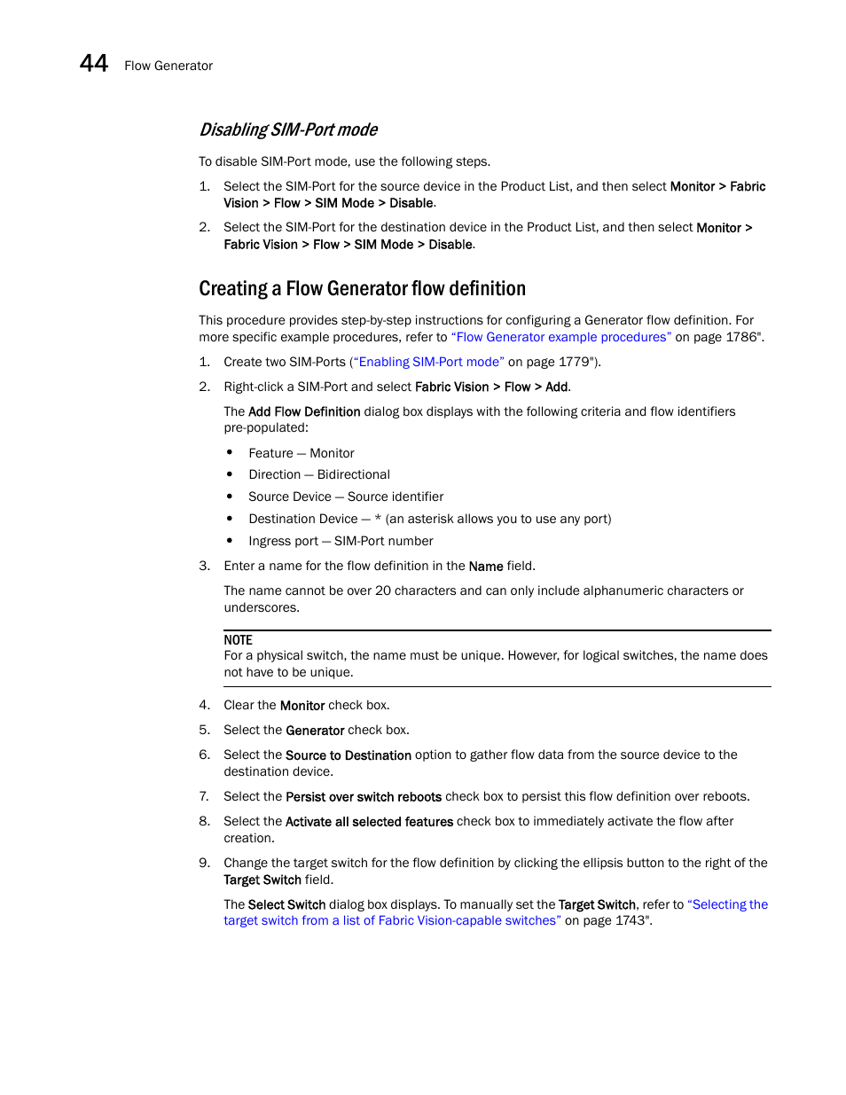 Creating a flow generator flow definition, Disabling sim-port, Mode | Disabling sim-port mode | Brocade Network Advisor SAN + IP User Manual v12.3.0 User Manual | Page 1852 / 2702