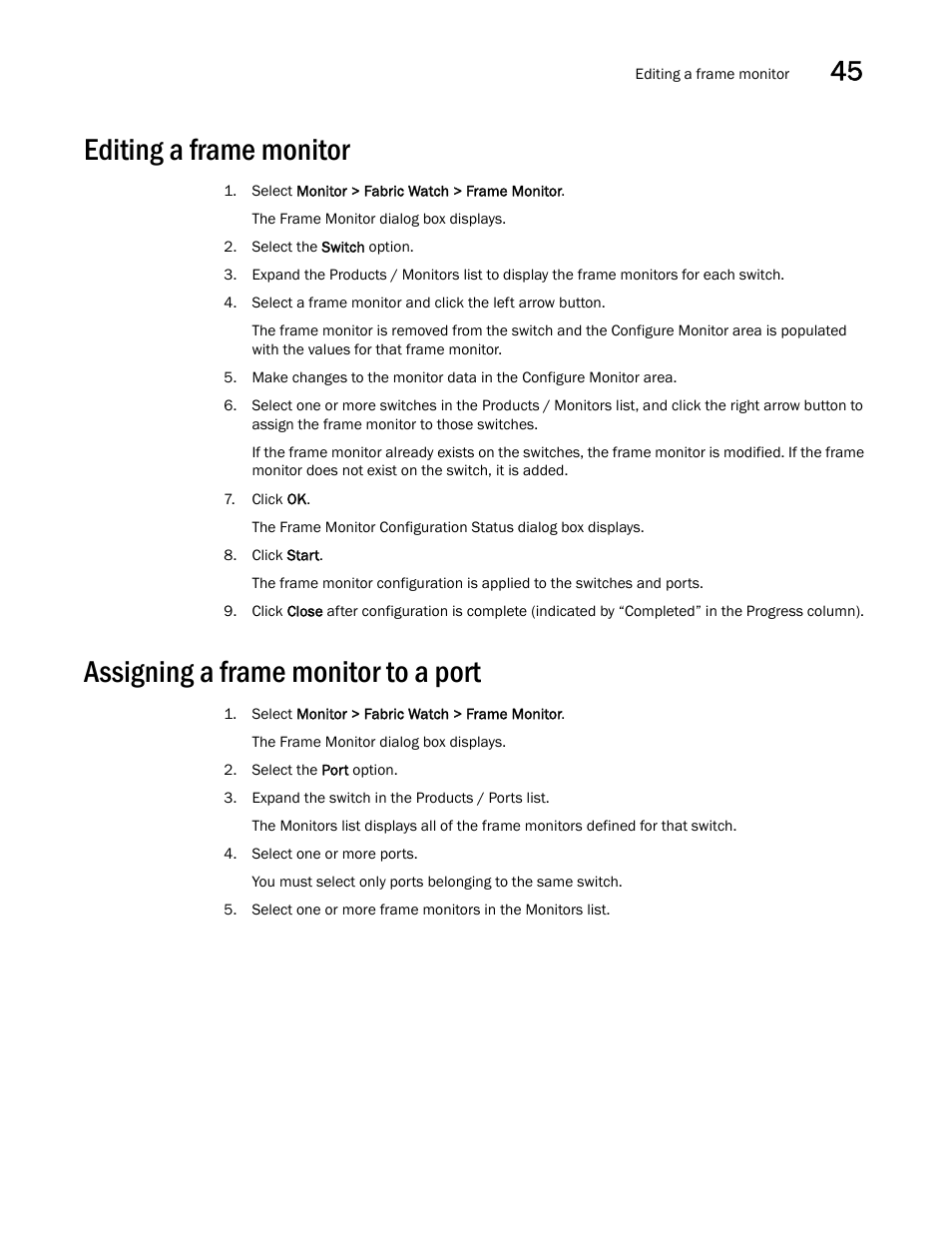 Editing a frame monitor, Assigning a frame monitor to a port, Editing a frame monitor 5 | Assigning a frame monitor to a port 5 | Brocade Network Advisor SAN + IP User Manual v12.3.0 User Manual | Page 1897 / 2702