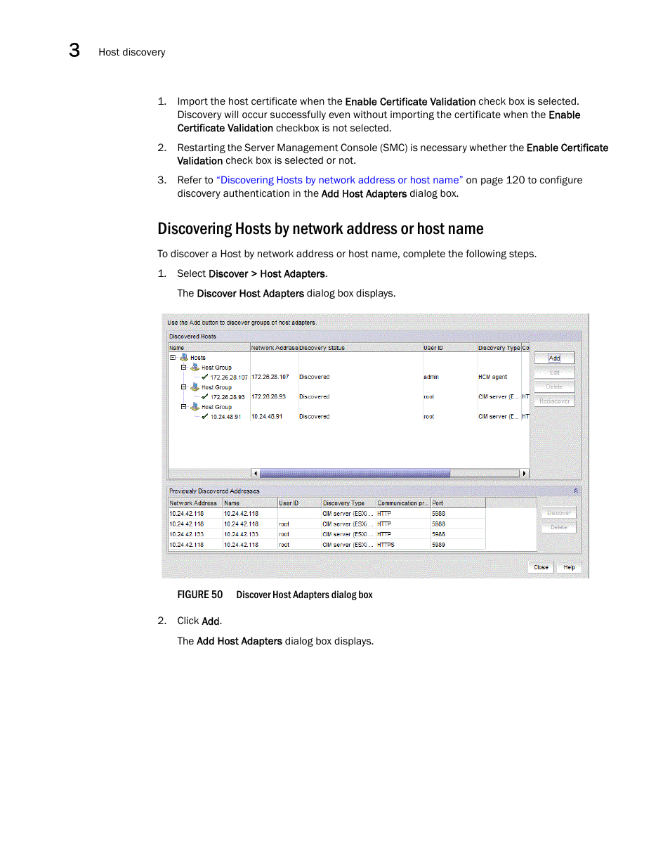Discovering hosts by network address or host name | Brocade Network Advisor SAN + IP User Manual v12.3.0 User Manual | Page 190 / 2702