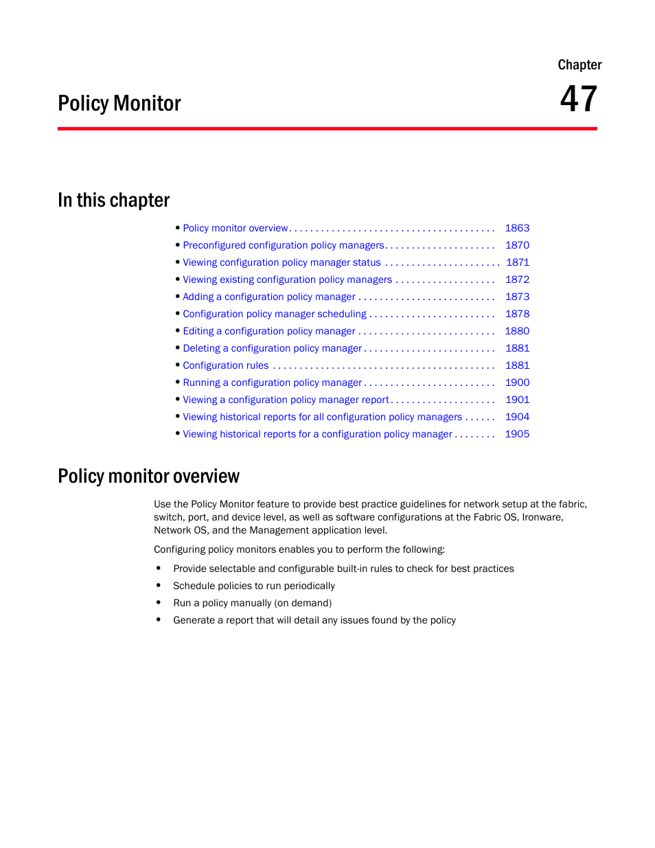 Policy monitor, Policy monitor overview, Chapter 47 | Chapter 47, “policy monitor, Ed in | Brocade Network Advisor SAN + IP User Manual v12.3.0 User Manual | Page 1935 / 2702