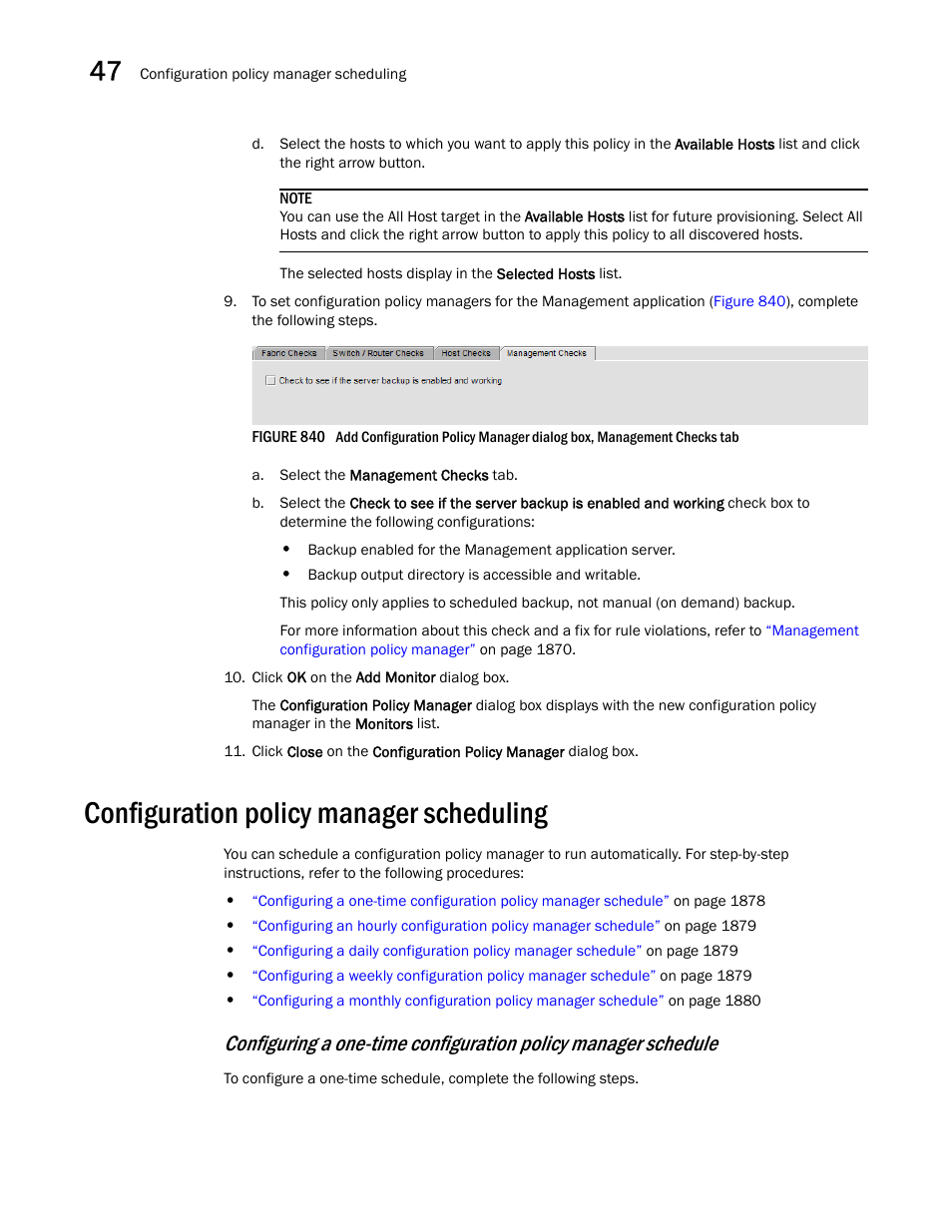 Configuration policy manager scheduling, Configuration policy manager scheduling 8, Configuring a one-time | Configuration policy manager schedule | Brocade Network Advisor SAN + IP User Manual v12.3.0 User Manual | Page 1950 / 2702