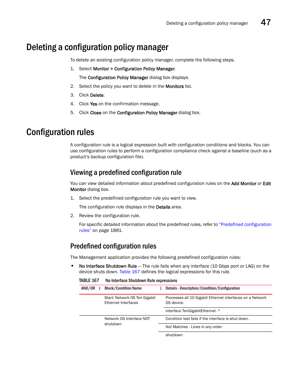 Deleting a configuration policy manager, Configuration rules, Deleting a configuration policy manager 1 | Configuration rules 1, Viewing a predefined, Configuration rule, Deleting a, Configuration policy manager, Viewing a predefined configuration rule, Predefined configuration rules | Brocade Network Advisor SAN + IP User Manual v12.3.0 User Manual | Page 1953 / 2702