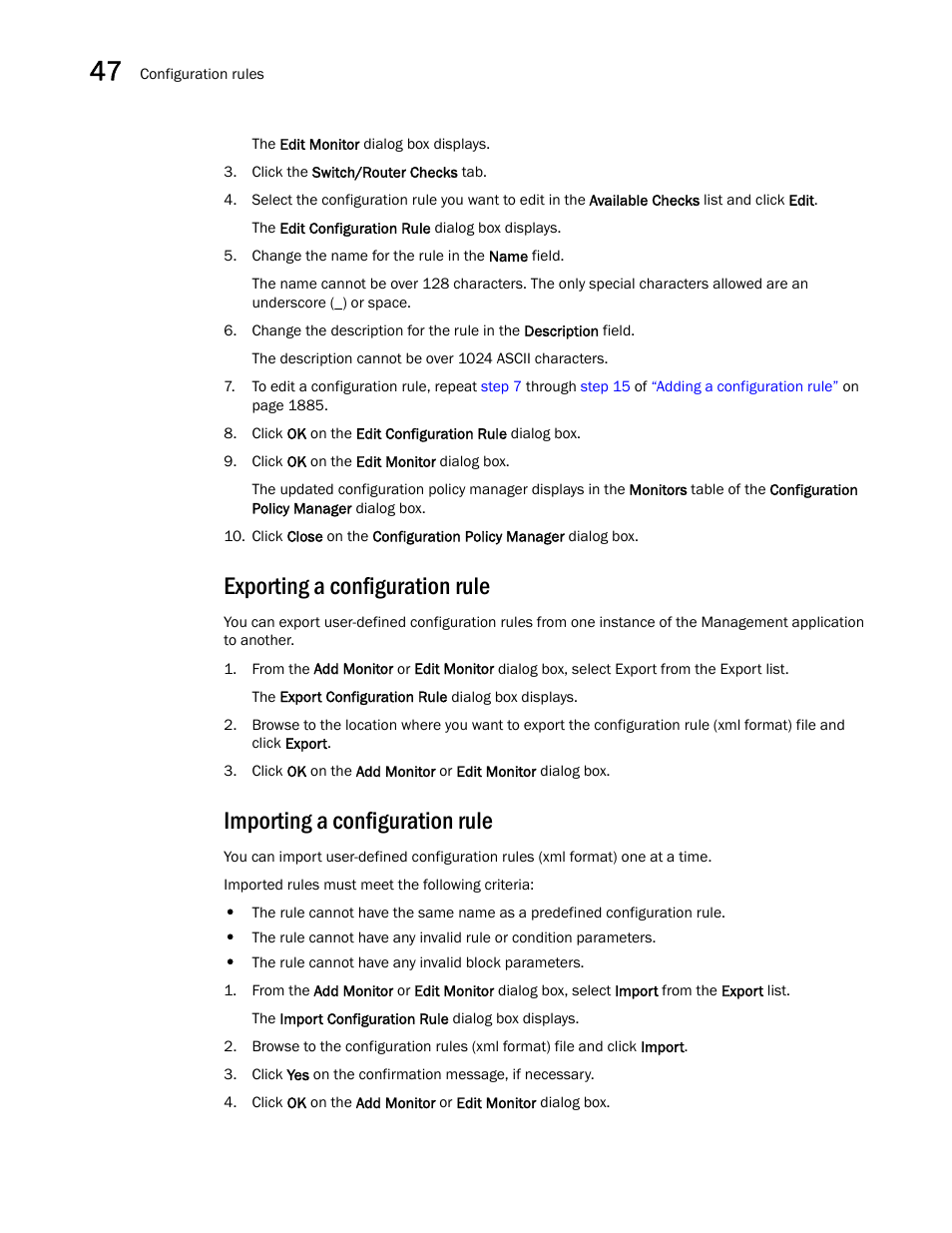 Exporting a configuration rule, Importing a configuration rule | Brocade Network Advisor SAN + IP User Manual v12.3.0 User Manual | Page 1960 / 2702