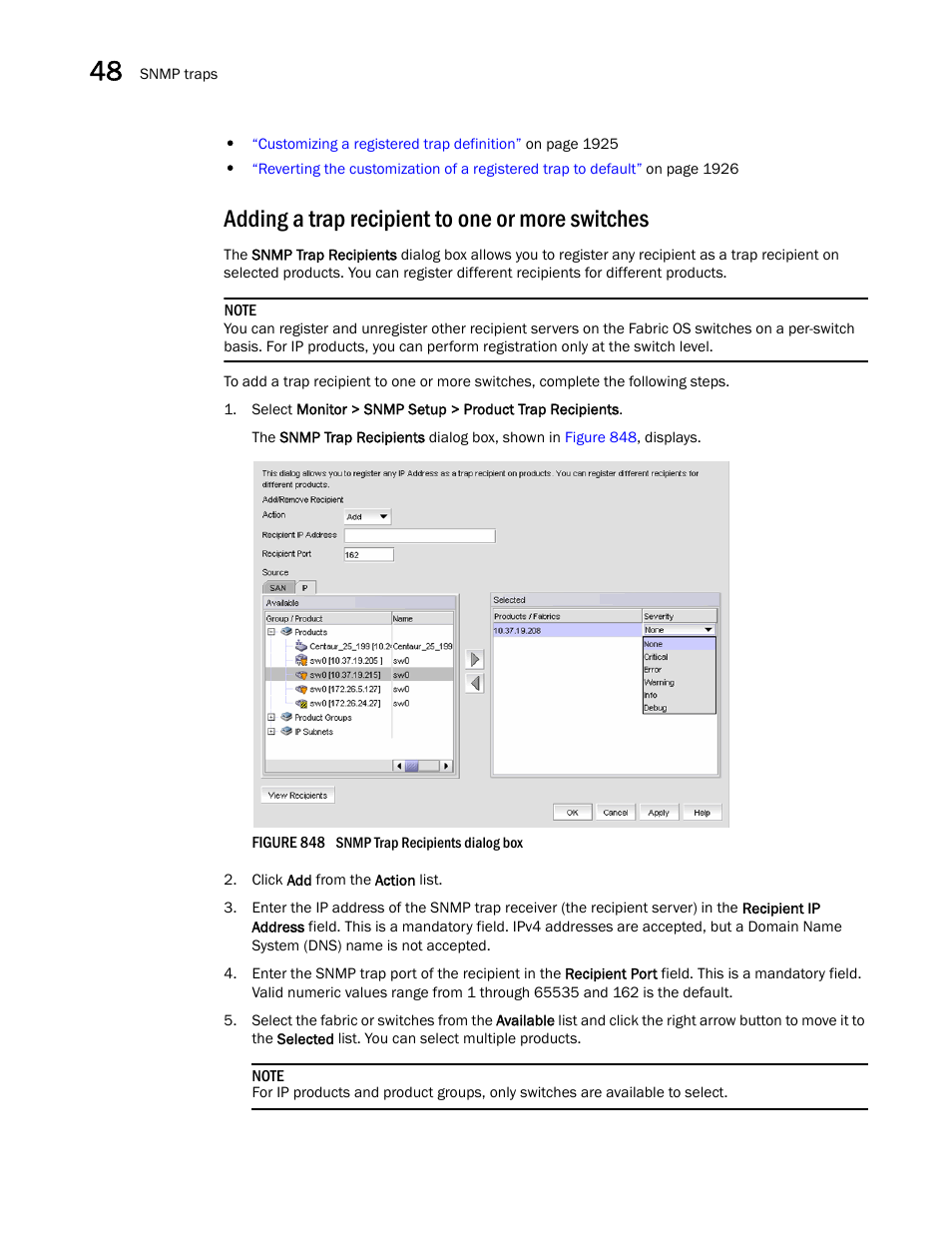 Adding a trap recipient to one or more switches, Adding a trap recipient, To one or more switches | Adding a trap, Recipient to one or more switches | Brocade Network Advisor SAN + IP User Manual v12.3.0 User Manual | Page 1986 / 2702