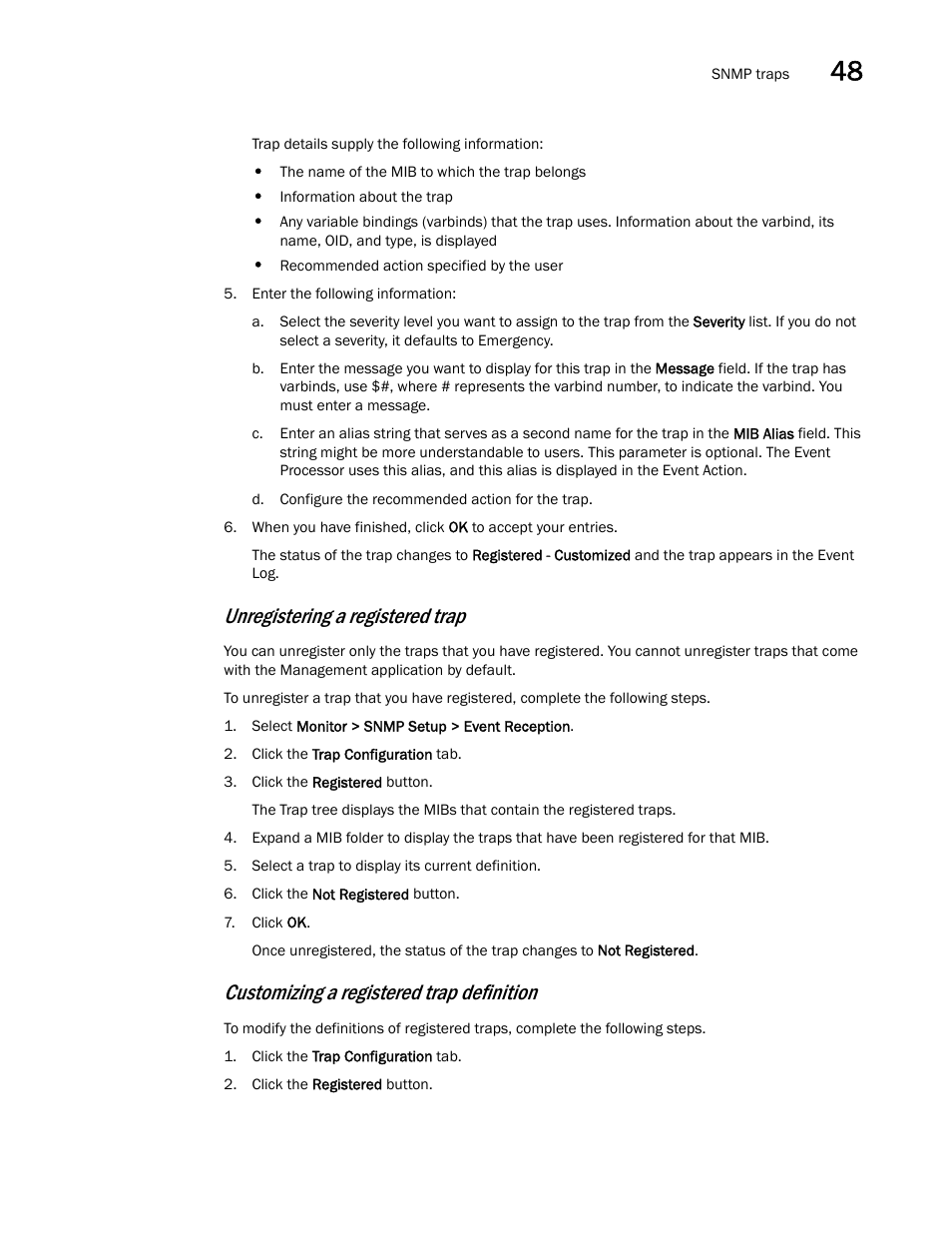 Unregistering a registered trap, Customizing a registered trap definition | Brocade Network Advisor SAN + IP User Manual v12.3.0 User Manual | Page 1997 / 2702