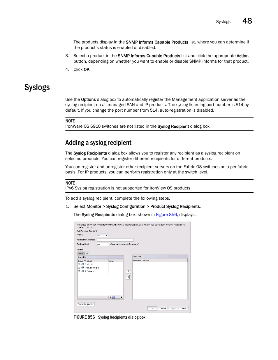 Syslogs, Adding a syslog recipient, Syslogs 7 | Brocade Network Advisor SAN + IP User Manual v12.3.0 User Manual | Page 1999 / 2702