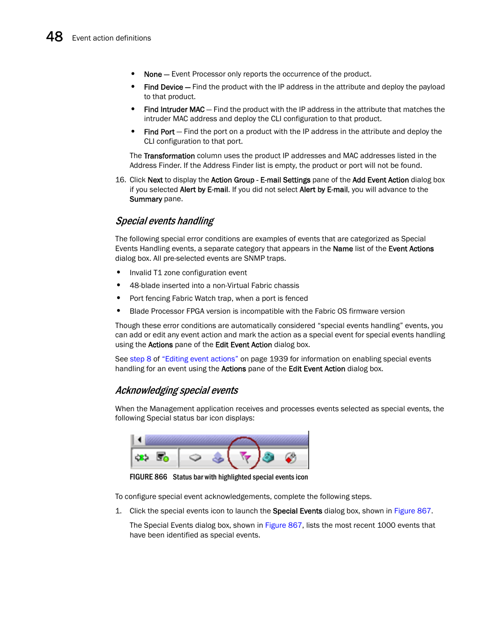 Special events handling, Acknowledging special events | Brocade Network Advisor SAN + IP User Manual v12.3.0 User Manual | Page 2014 / 2702