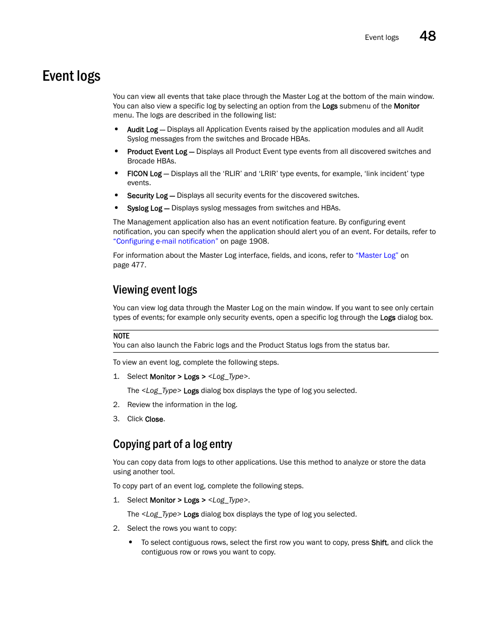 Event logs, Viewing event logs, Copying part of a log entry | Event logs 1 | Brocade Network Advisor SAN + IP User Manual v12.3.0 User Manual | Page 2043 / 2702