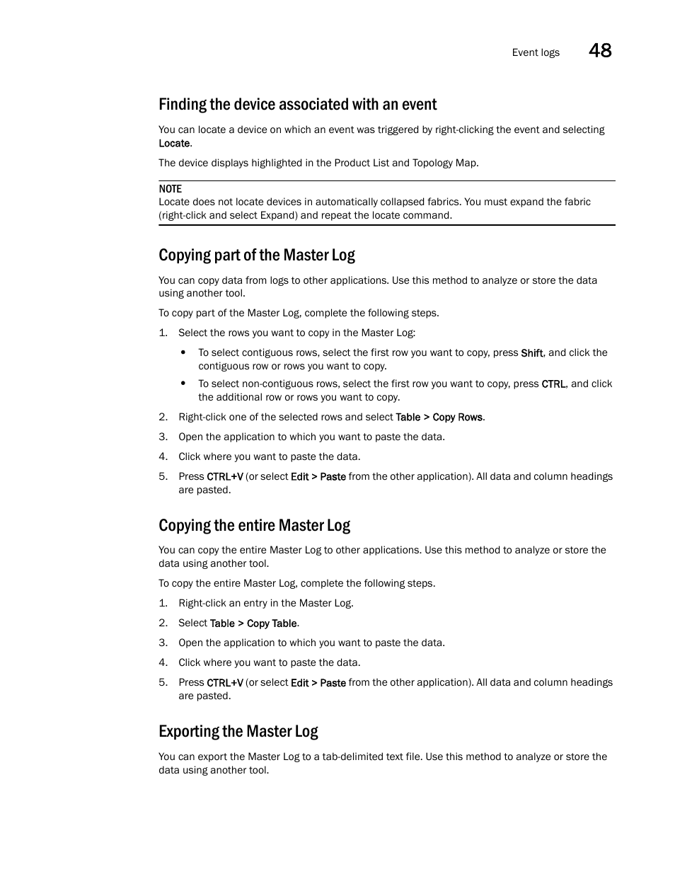 Finding the device associated with an event, Copying part of the master log, Copying the entire master log | Exporting the master log | Brocade Network Advisor SAN + IP User Manual v12.3.0 User Manual | Page 2047 / 2702