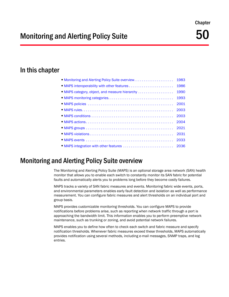 Monitoring and alerting policy suite, Monitoring and alerting policy suite overview, Chapter 50 | Chapter 50, “monitoring and alerting policy suite | Brocade Network Advisor SAN + IP User Manual v12.3.0 User Manual | Page 2055 / 2702