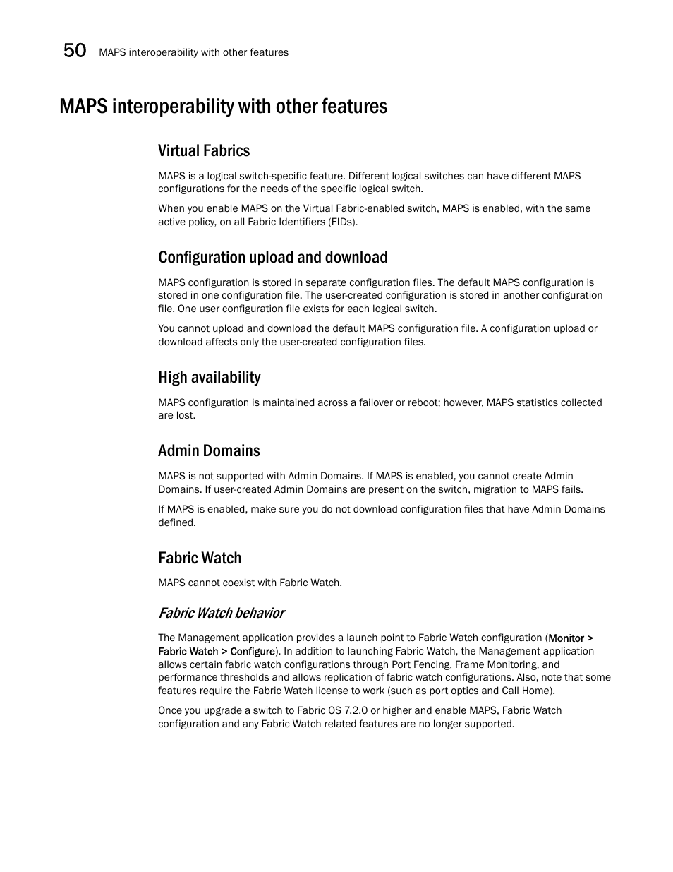 Maps interoperability with other features, Fabric watch, Maps interoperability with other features 6 | Virtual fabrics, Configuration upload and download, High availability, Admin domains, Fabric watch behavior | Brocade Network Advisor SAN + IP User Manual v12.3.0 User Manual | Page 2058 / 2702