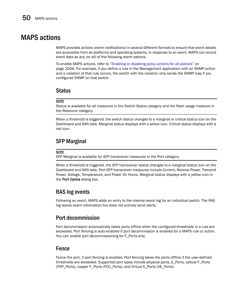 Maps actions, Fence, Maps actions 4 | Status, Sfp marginal, Ras log events, Port decommission | Brocade Network Advisor SAN + IP User Manual v12.3.0 User Manual | Page 2076 / 2702