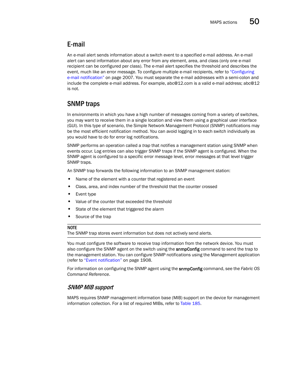 Snmp traps, E-mail, Snmp mib support | Brocade Network Advisor SAN + IP User Manual v12.3.0 User Manual | Page 2077 / 2702