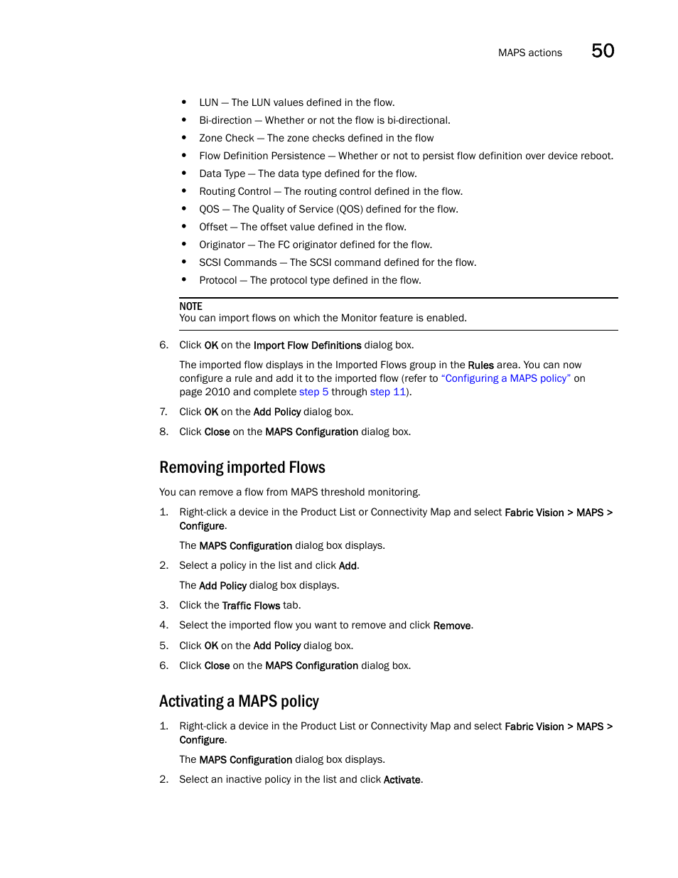 Removing imported flows, Activating a maps policy | Brocade Network Advisor SAN + IP User Manual v12.3.0 User Manual | Page 2087 / 2702