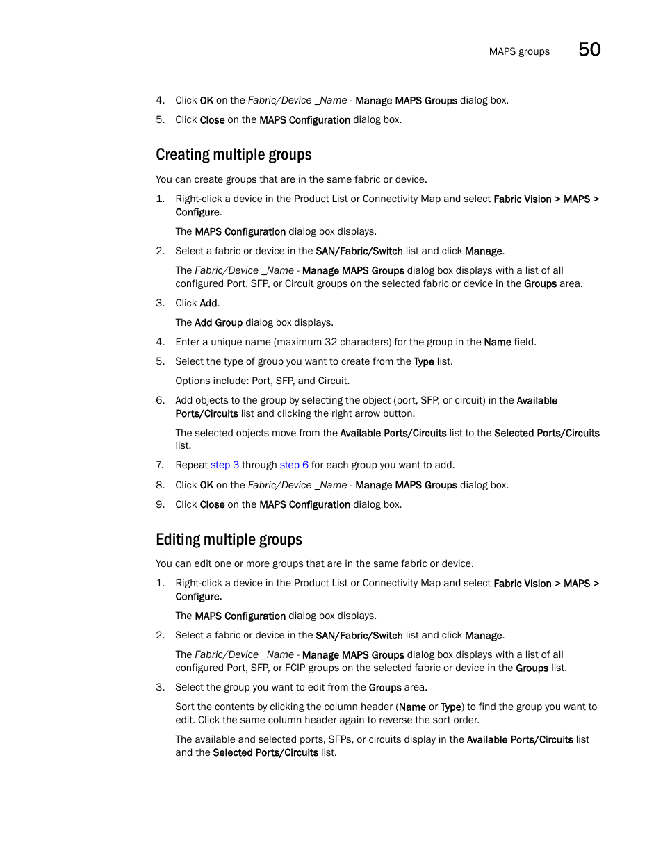 Creating multiple groups, Editing multiple groups | Brocade Network Advisor SAN + IP User Manual v12.3.0 User Manual | Page 2101 / 2702