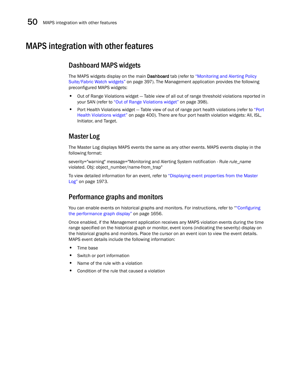 Maps integration with other features, Maps integration with other features 6, Dashboard maps widgets | Master log, Performance graphs and monitors | Brocade Network Advisor SAN + IP User Manual v12.3.0 User Manual | Page 2108 / 2702