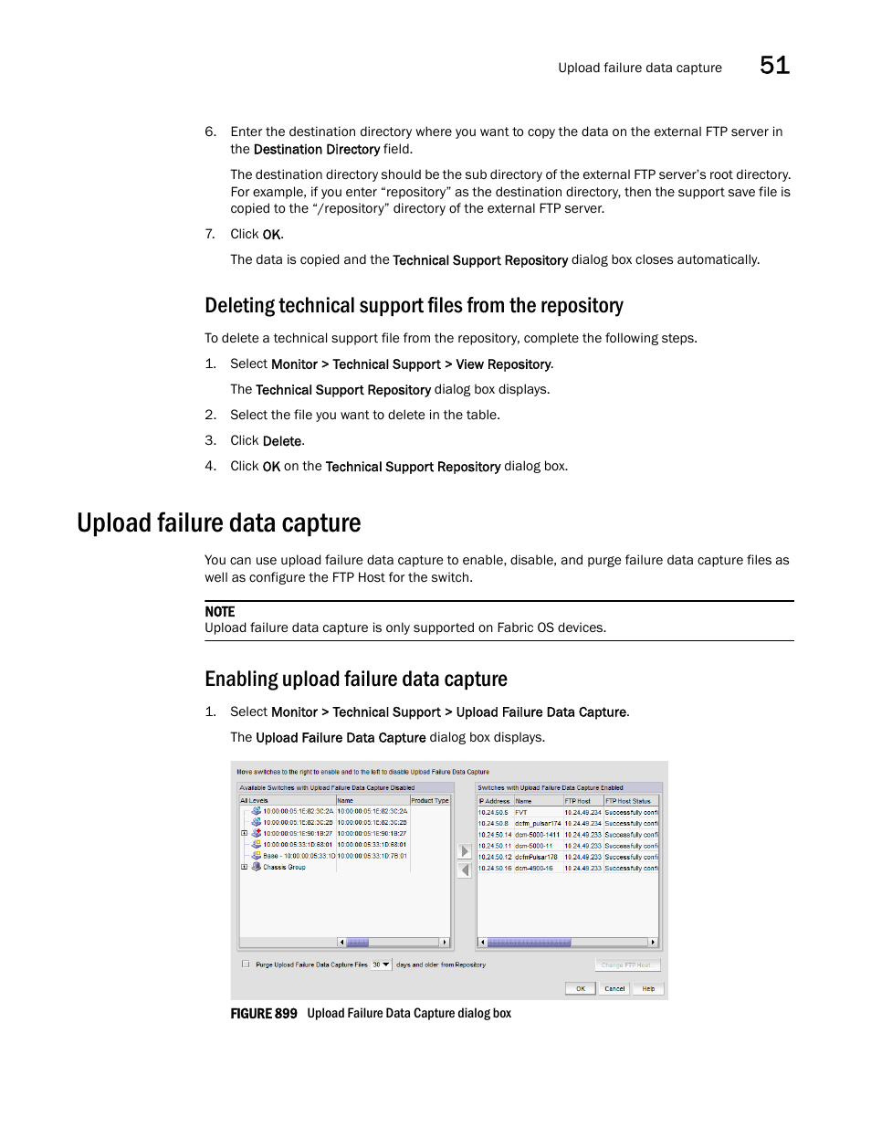 Upload failure data capture, Enabling upload failure, Data capture | Deleting, Technical support files from the repository, Enabling upload failure data capture | Brocade Network Advisor SAN + IP User Manual v12.3.0 User Manual | Page 2123 / 2702
